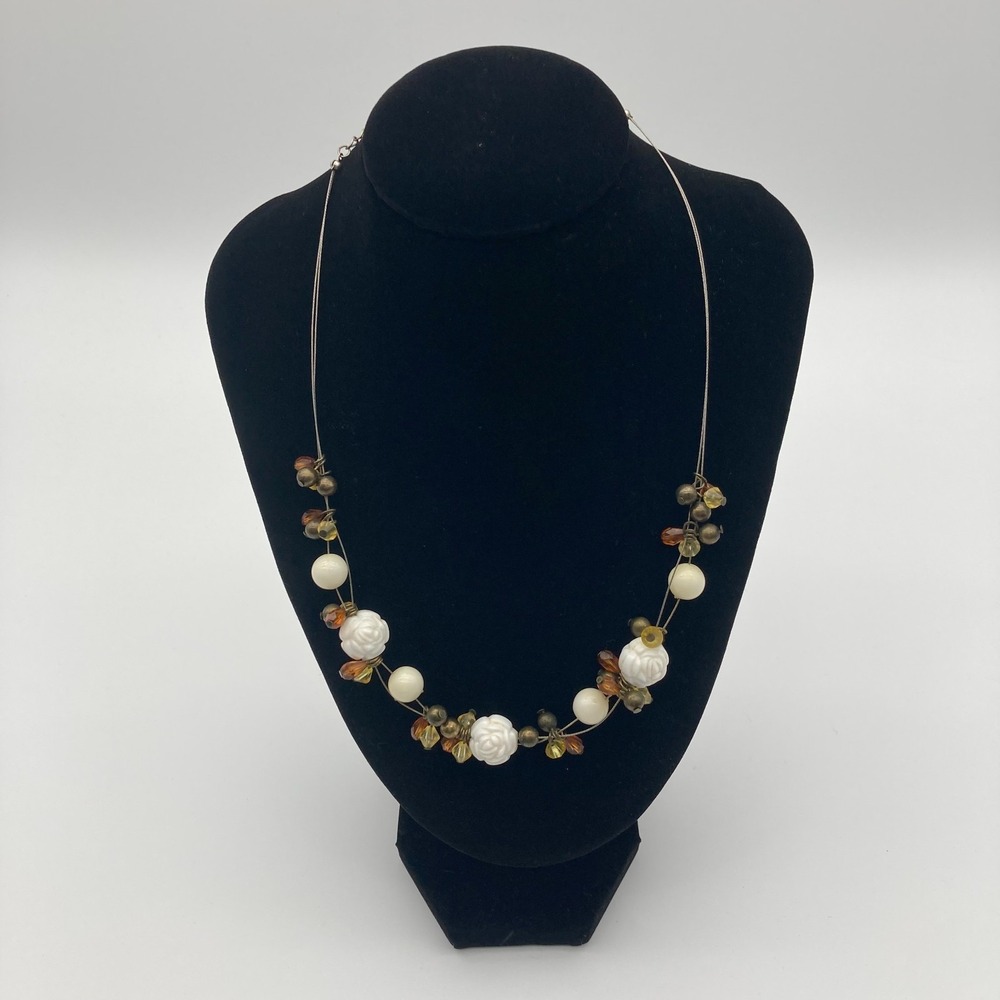 Vintage Cottagecore Carved White Rose Floating Illusion Necklace Amber Gold Tone
